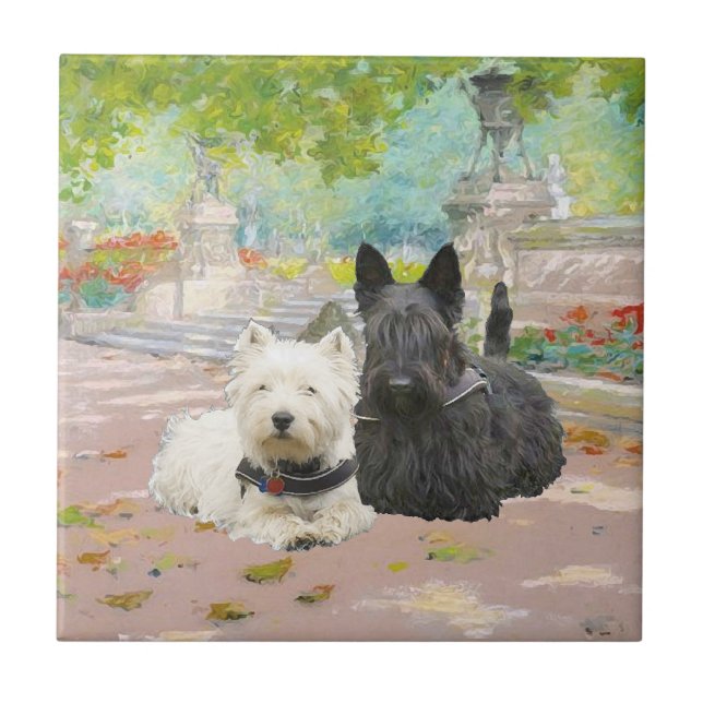 Schottland und Westie im Garten Fliese (Vorderseite)