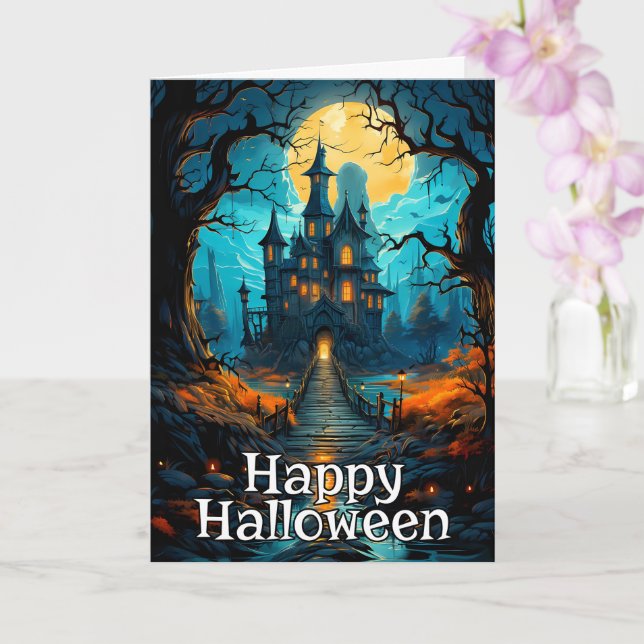 Schreckliches Spuk Haus | Frohe Halloween Karte (Orchidee)