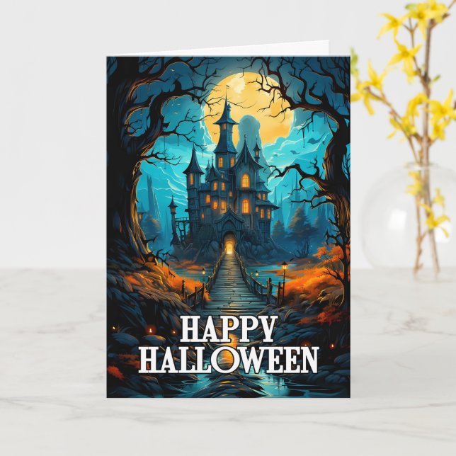 Schreckliches Spuk Haus | Frohe Halloween Karte (Gelbe Blume)