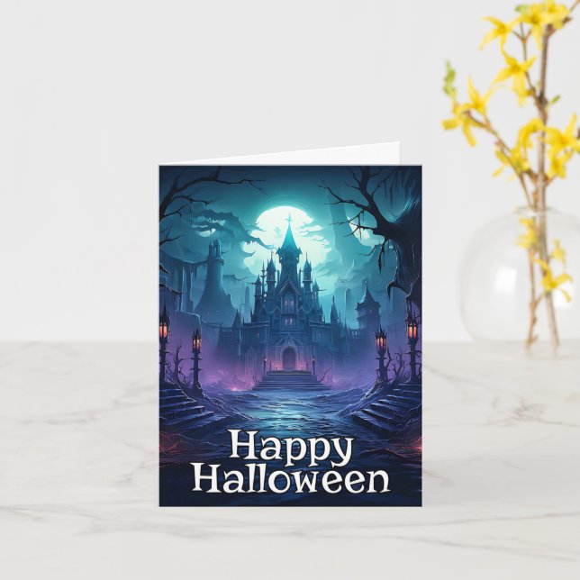 Schreckliches Spuk Haus | Frohe Halloween Karte (Gelbe Blume)