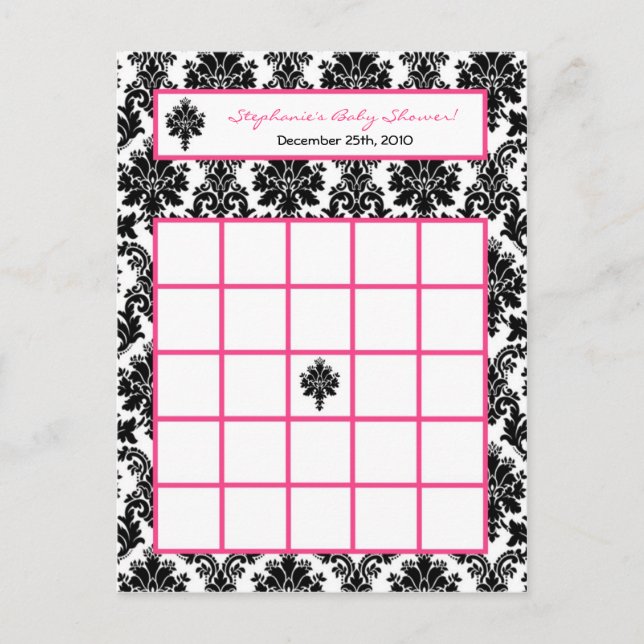 Schreibbare Bingokarte Hot Pink Black Damask Einladungspostkarte (Vorderseite)