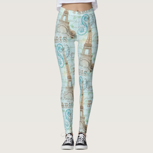 Schreibens-Aqua-Leggings Paris Vintage Leggings (Vorderseite)