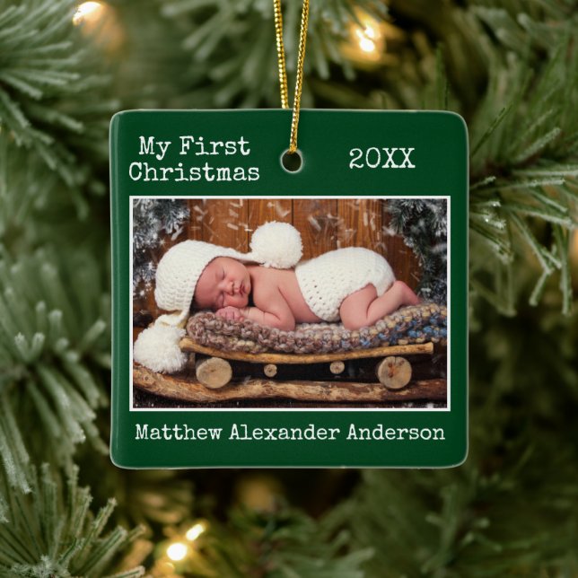Schreibmaschine First Christmas Baby Foto Green Keramikornament (Baum)