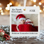 Schreibmaschine Mein erstes Weihnachtskind Ornament Aus Metall<br><div class="desc">Moderner,  trendy Schreibmaschine Einfach Minimalistisch,  mein erstes Weihnachtsbaby Foto Metal Ornament</div>