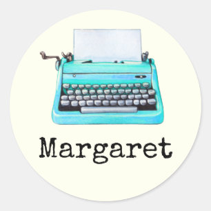 Schreibmaschine mit Namen Girly Aqua Retro 60er Runder Aufkleber