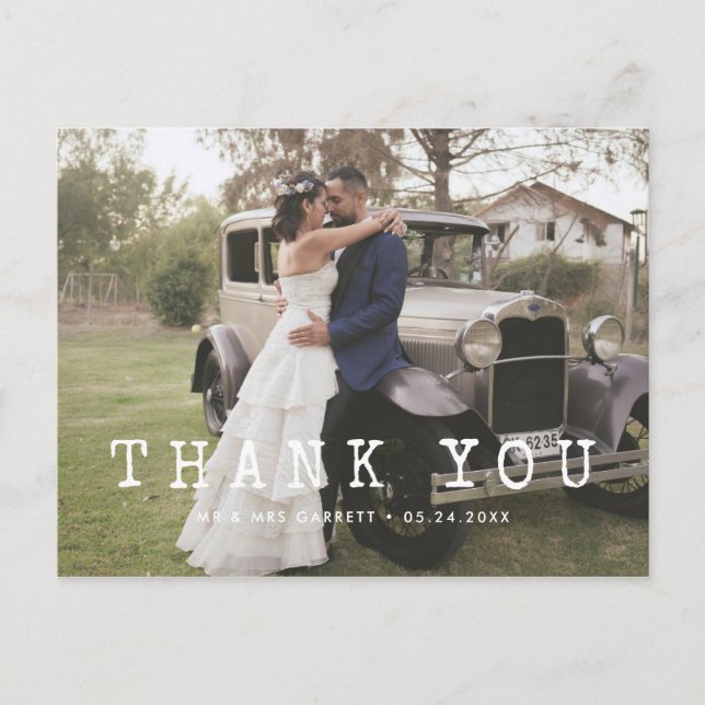Schreibmaschine Skript Hochzeit Foto danke Postkarte (Vorderseite)