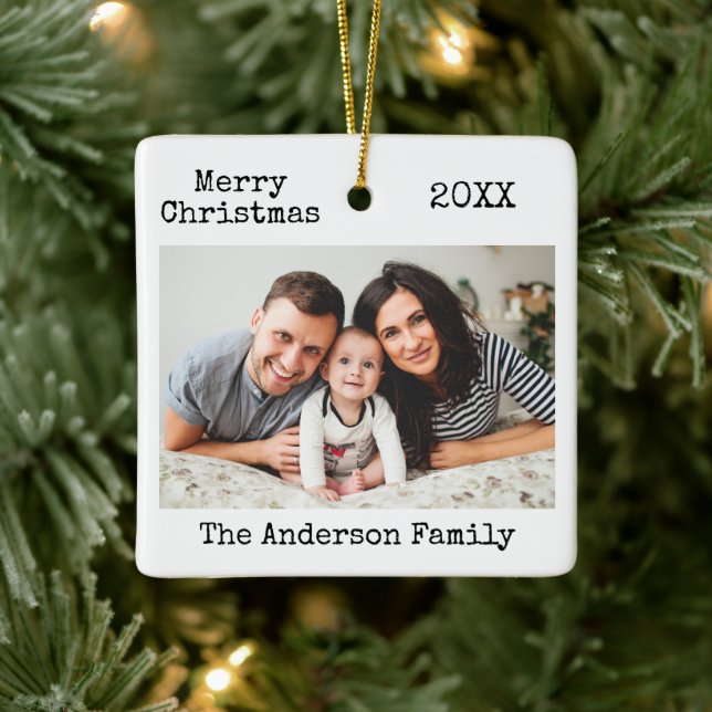 Schreibmaschine Text frohe Weihnachtsfamilie Foto Keramikornament (Baum)