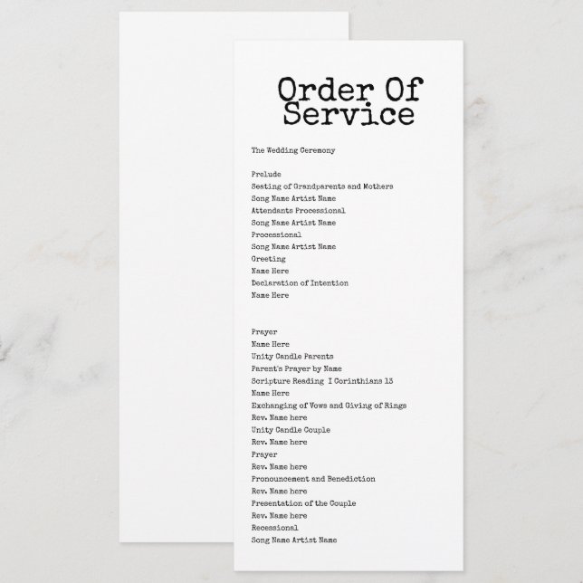 Schreibmaschinenreihenfolge der Service Wedding Ca Einladung (Vorne/Hinten)