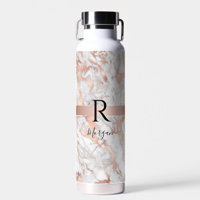 Schreibname/Blk Monogramm, Weiß- und Rose-Gold-Mar Trinkflasche (Vorne)
