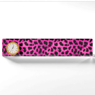 Schreibtisch-Nummernschild mit Uhr-/Leopard-Druck Namensplakette
