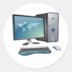 Schreibtischcomputer mit Monitor, Tastatur und Mau Runder Aufkleber