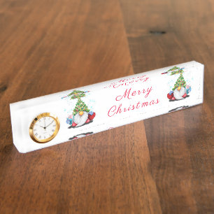 Schreibtischzubehör Teller mit Uhr Weihnachts-Gnom Namensplakette