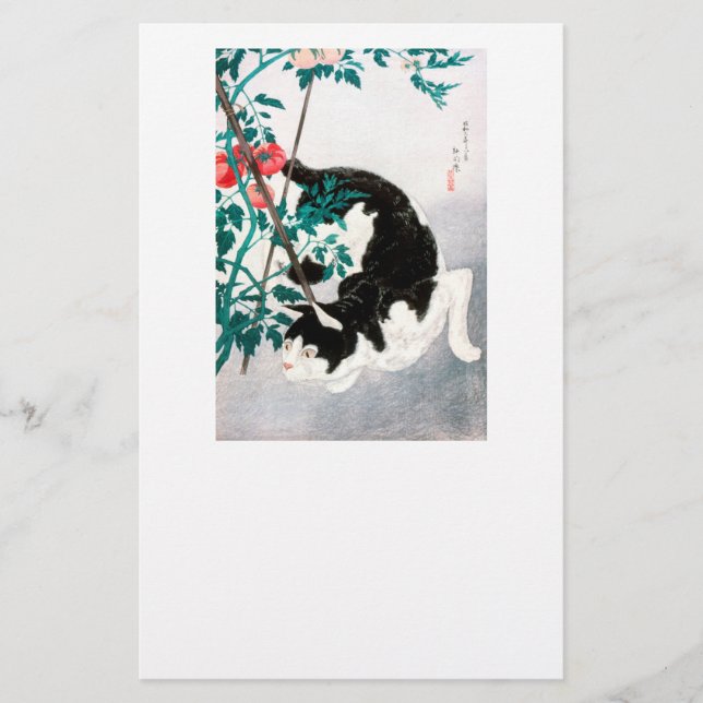 SCHREIBWAREN: JAPANESE WOODBLOCK : Katze mit Tomat Briefpapier (Vorderseite)