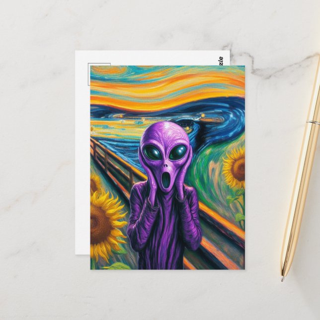 Schreie Lila Alien Fine Art Parody Postkarte (Vorderseite/Rückseite Beispiel)