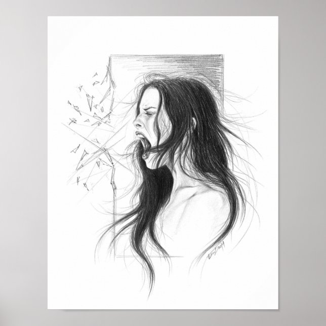 Schreie wütende weibliche Bleistift zeichnend Kuns Poster (Vorne)