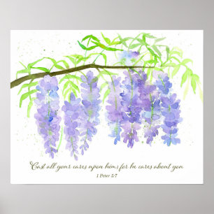 Schrift 1 Petrus 5:7 Bibelvers Wisteria-Blumen Poster