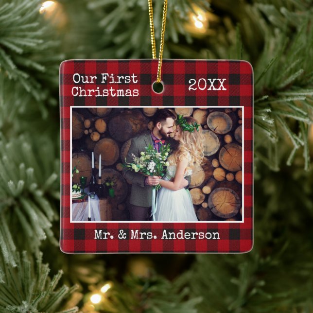 Schrift Erste Karierte Hochzeit Keramikornament (Baum)