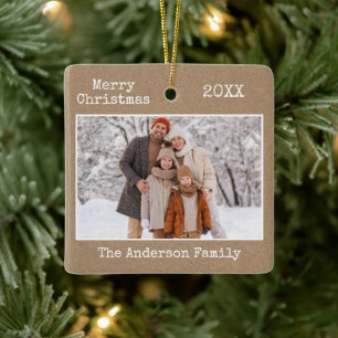 Schrift "Merry Christmas Kraft Family Foto" Keramikornament