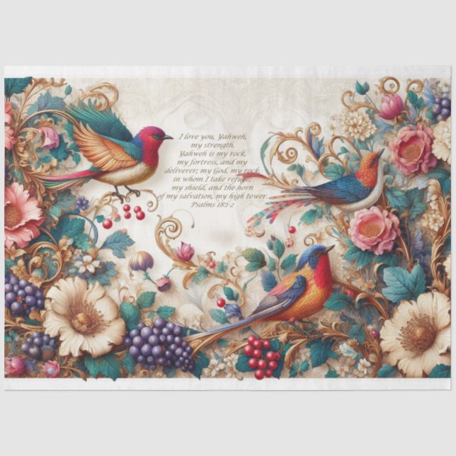 Schrift (Psalm 18 v 1-2) Blumenvögel Decoupage Seidenpapier (Vorderseite)