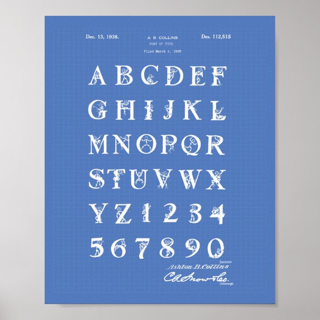 Schriftart 1938 Patent Art Blueprint Poster (Vorne)