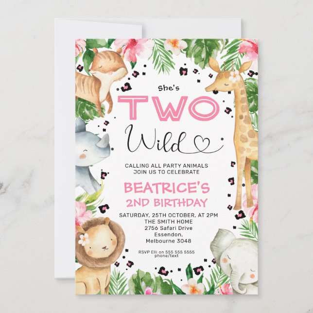 Schriftart Floral Foliage Safari Zwei Wilde Geburt Einladung (Vorderseite)