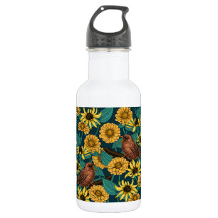 Schriften und Blume in dunkelblau Edelstahlflasche
