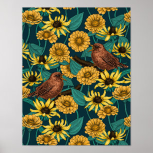 Schriften und Blume in dunkelblau Poster