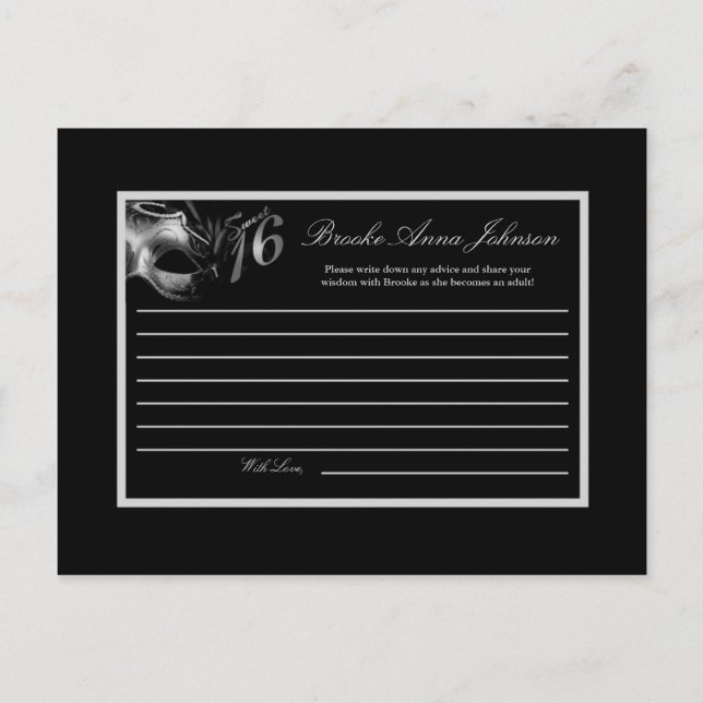 Schriftliche Ratenkarte Sweet 16 Silver Black Hinweiskarte (Vorderseite)