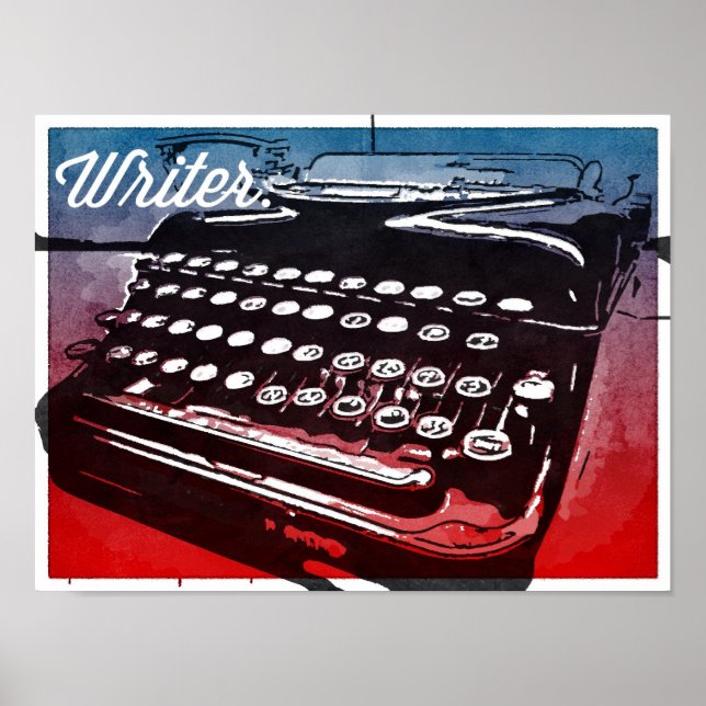 Schriftsteller mit Schreibmaschine Blue Red Pop Ar Poster (Vorne)