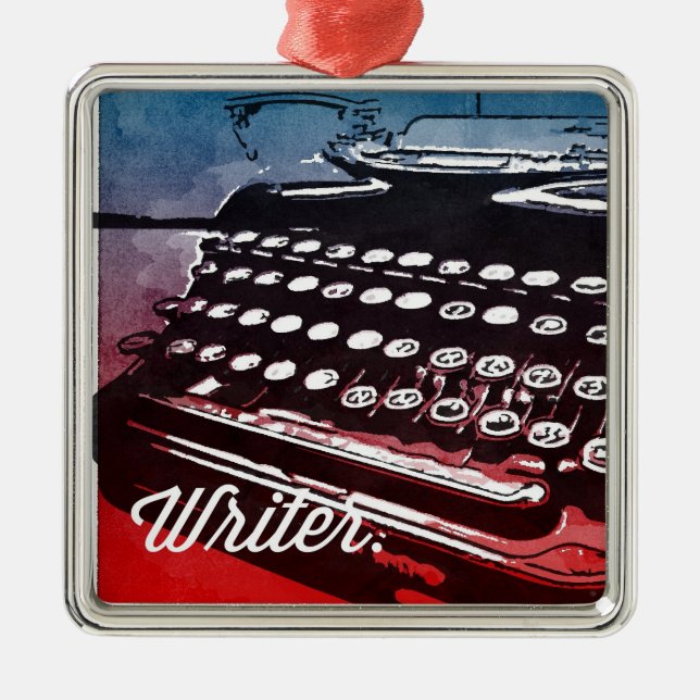 Schriftsteller mit Schreibmaschine Blue Red Pop Ar Silbernes Ornament (Vorne)