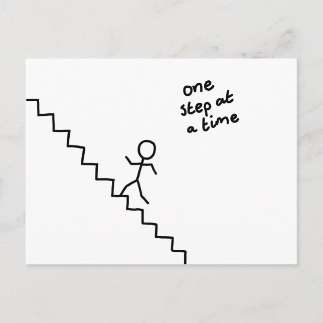 "Schritt für Schritt", Mann auf der Treppe anklebe Postkarte (Vorderseite)