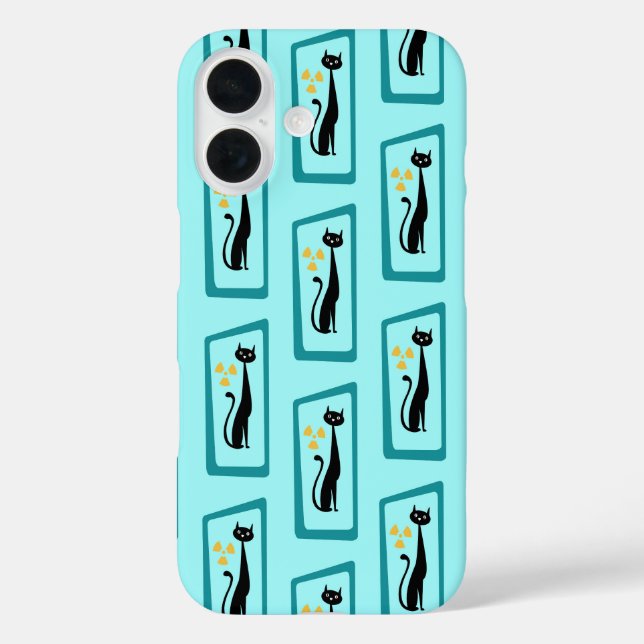 Schrödingers Cat Mid Century Modern blass blau iPhone 16 Hülle (Rückseite)