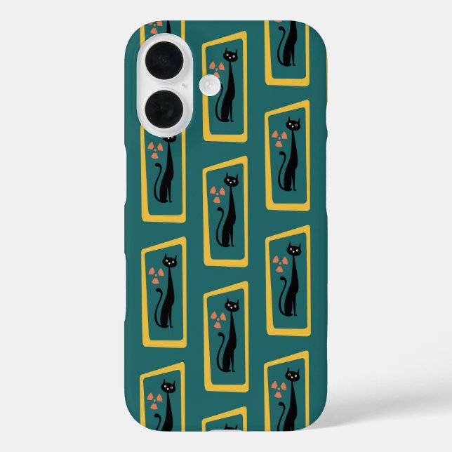 Schrödingers Cat Mid Century Modernes dunkelblau iPhone 16 Hülle (Rückseite)