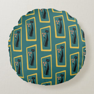 Schrödingers Cat Mid Century Modernes dunkelblau Rundes Kissen