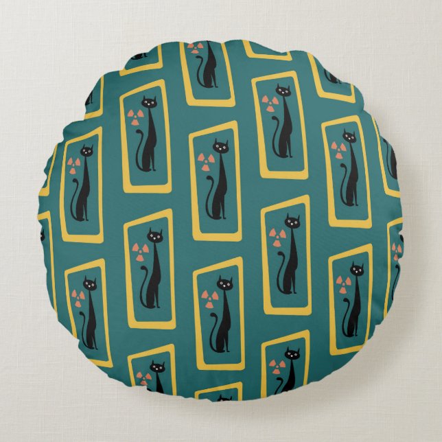 Schrödingers Cat Mid Century Modernes dunkelblau Rundes Kissen (Vorderseite)