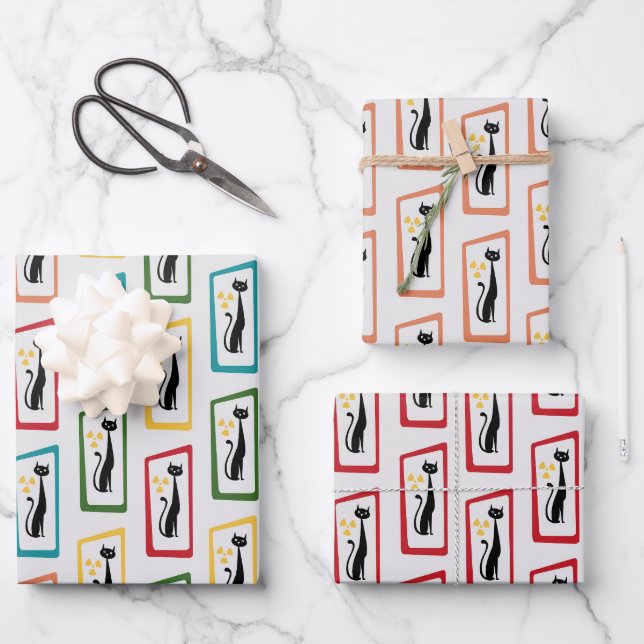 Schrödingers Cat Mid Century Modernes Sortenpaket Geschenkpapier Set (Vorderseite)