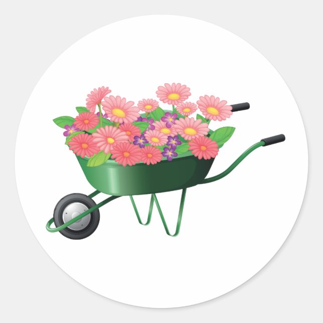 Schubkarre mit Aufklebern für Blume Runder Aufkleber (Vorderseite)