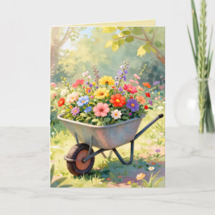 Schubkarre mit Blumen Grußkarte Karte