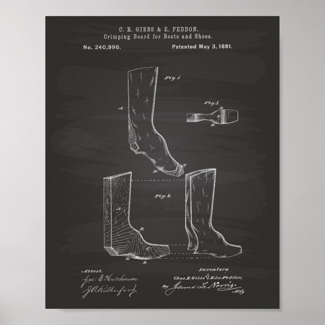 Schuhe und Stiefel 1881 Patente Art Chalkboard Poster (Vorne)
