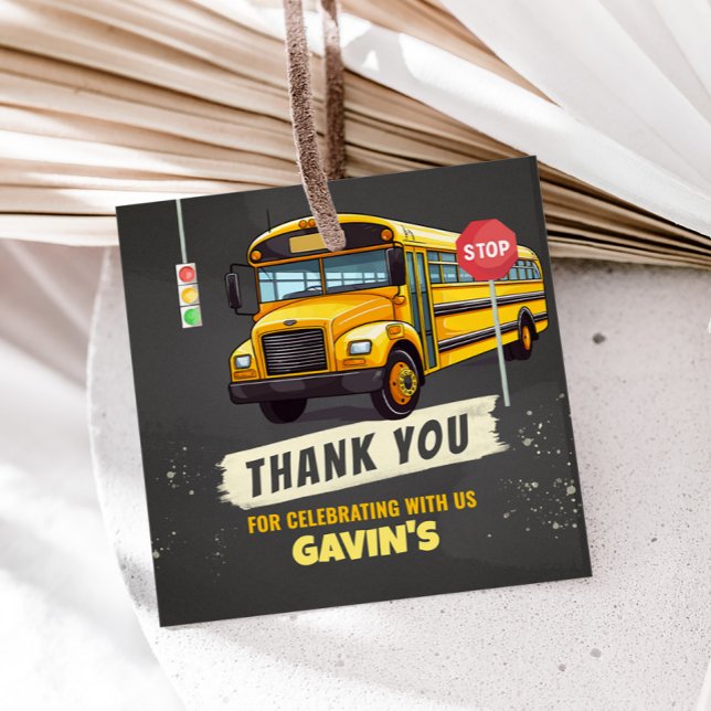 Schulbus - Geburtstagspartplatz Geschenkanhänger (School Bus Birthday Party Square Favor Tags)
