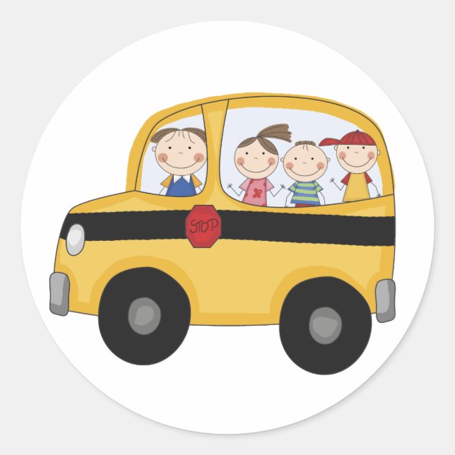 Schulbus mit T - Shirt und Geschenken für Kinder Runder Aufkleber (Vorderseite)