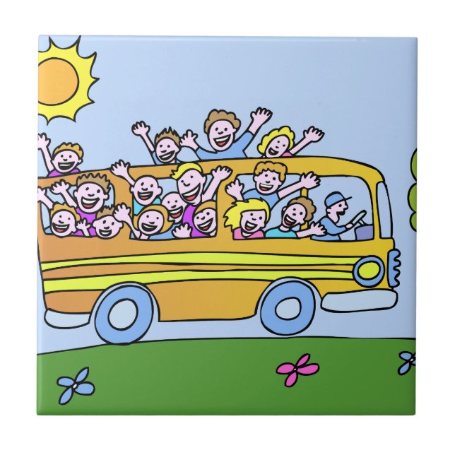 Schulbus-Reiter-Cartoon Fliese (Vorderseite)