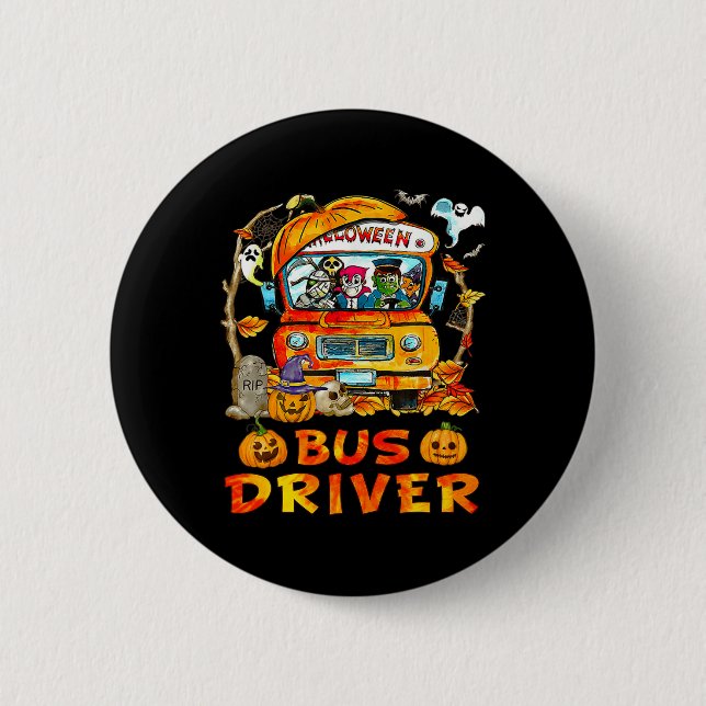 Schulbusfahrer Pumpkin Saison Skeleton Fall Hal Button (Vorderseite)