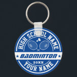 Schule Badminton Player Personalisiert Sports Schlüsselanhänger<br><div class="desc">Personalisierte Sportgeschenke und Merchandise für das Schulsportteam. Alle Texte sind editierbar für Ihren Anlass. Die Hintergrundfarbe kann mithilfe des Designtools bearbeitet werden. Perfektes Souvenir für Schultrainer und schließend Senioren,  die auch große Sportler sind.</div>