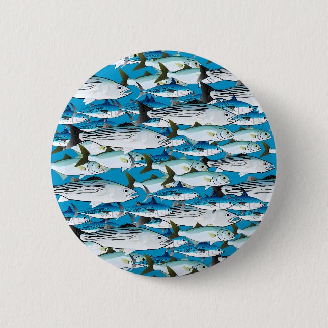 Schule der atlantischen Brandungs-Fische im Blau Button (Vorderseite)