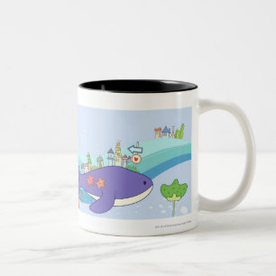 Schule der Fische, die in der Unterwasserstadt Zweifarbige Tasse