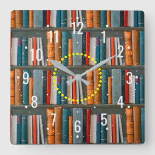 Schule des Lernens und Lesens von Büchern - Biblio Quadratische Wanduhr