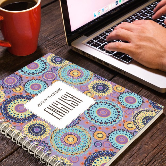 Schulfach Lila Personalisiert modern Notizbuch (School subject spiral notebook with modern colorful pattern)