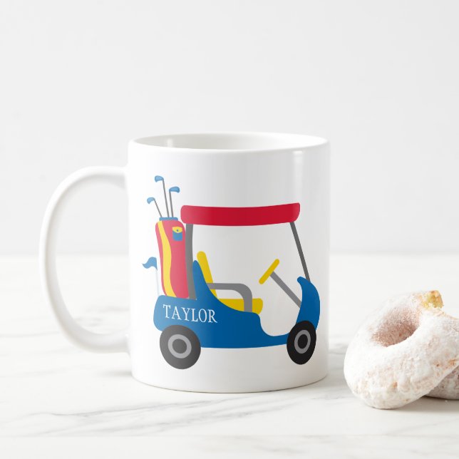 Schulfarben - Blue, Crimson & Yellow Golf Cart Kaffeetasse (Mit Donut)