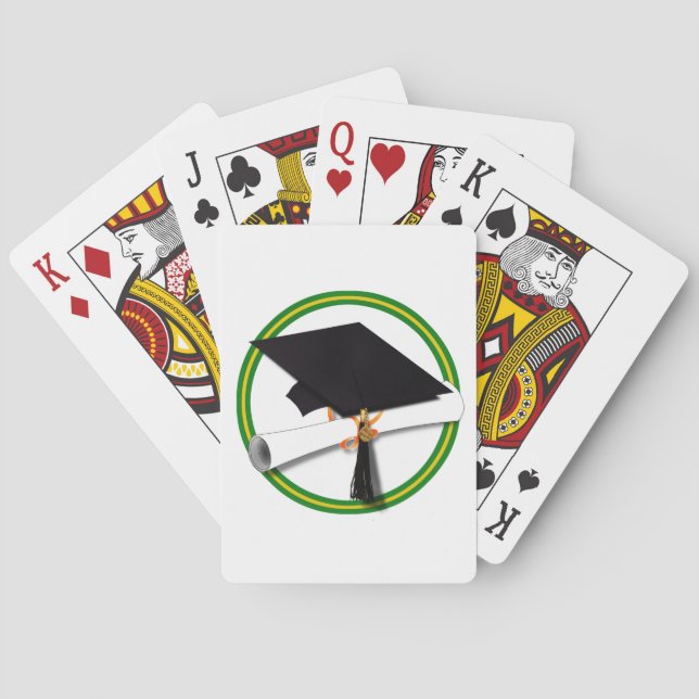 Schulfarben Green & Gold Grad Cap mit Diplom Spielkarten (Rückseite)